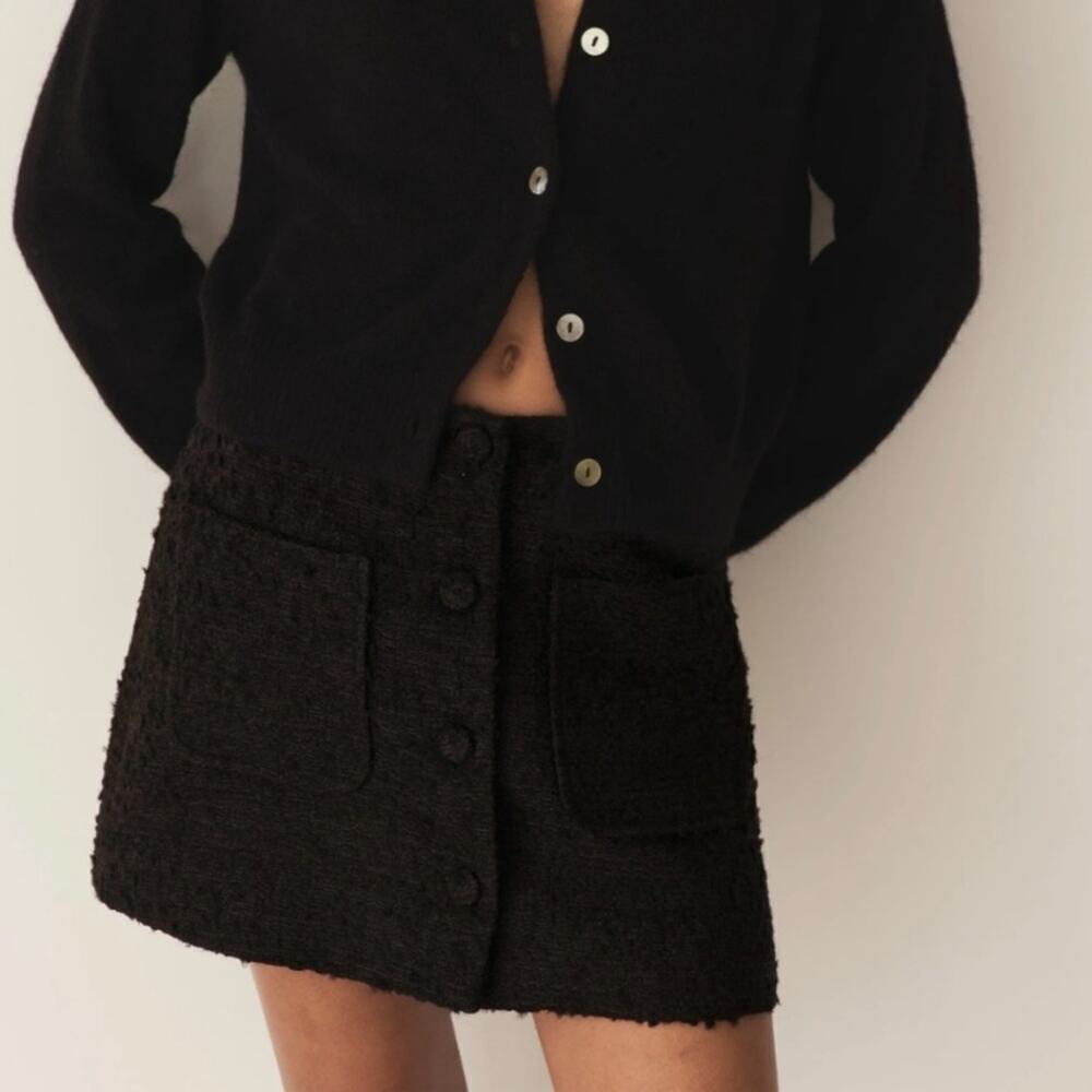 NWT Doen Elina Tweed Boucle Button Pocket High Waist A Line Mini Skirt Black